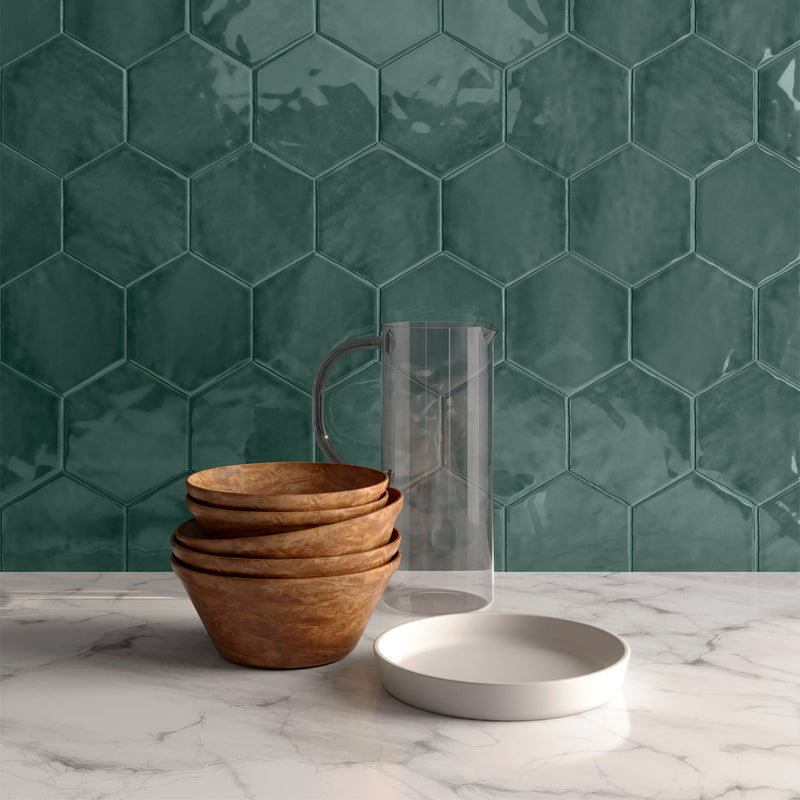 6" Ara Moda Hexagon Hunter Green Glossy Pressed Glazed Ceramic Wall Tile