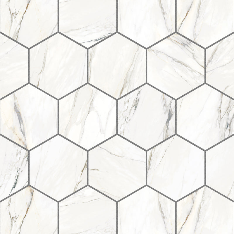 19x22 Hexagon Thassos White Gold Matte Porcelain Tile