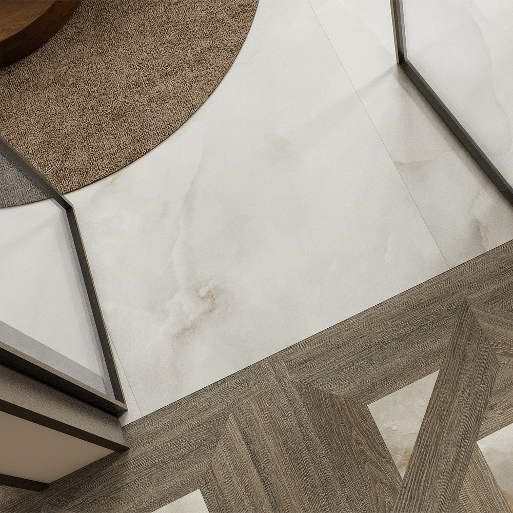 Wood-look tile floor surface