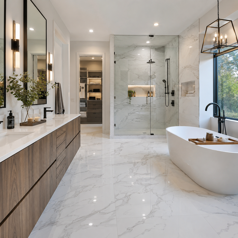 Marble look tile for a Burlington renovation