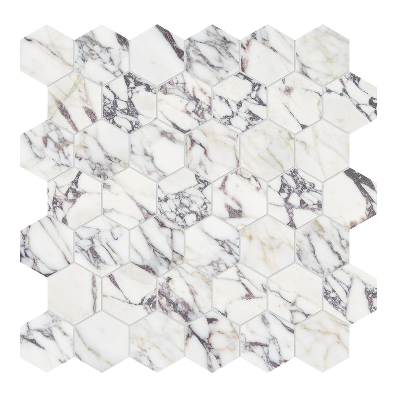 2X2 Hexagon Arabescato Purple Honed Marble Mosaic