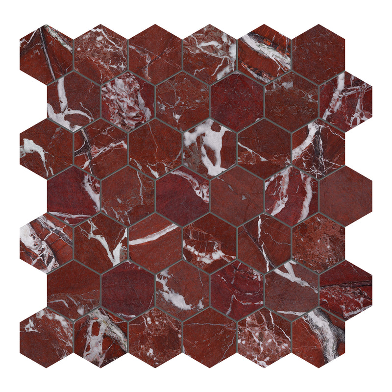 2x2 Rustic Ruby Hexagon Polished Marble Mosaic