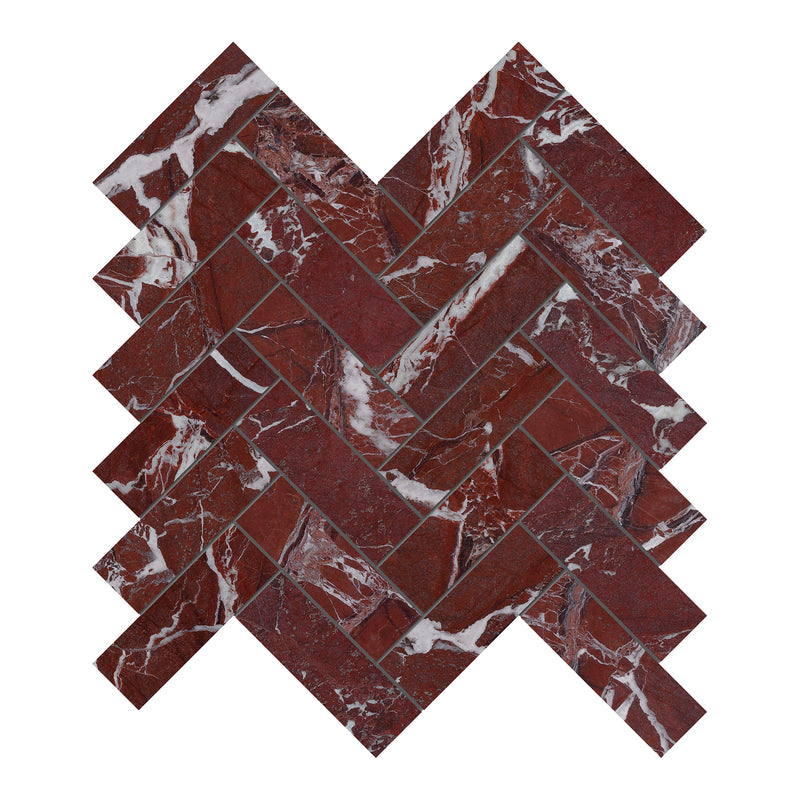 1.25x4 Rustic Ruby Herringbone Polished Marble Mosaic