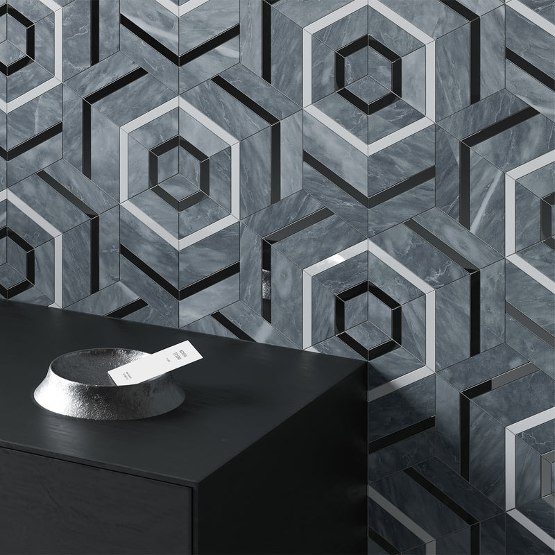 Celestia Hexagon Black Honed w/ Polished Accents Natural Stone Mosaic