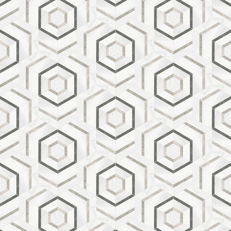 Celestia Hexagon Cloud Honed w/ Polished Accents Natural Stone Mosaic
