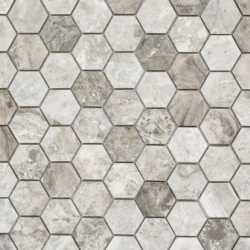 2x2 Silver Grey Hexagon Polished Marble Mosaic Final Sale