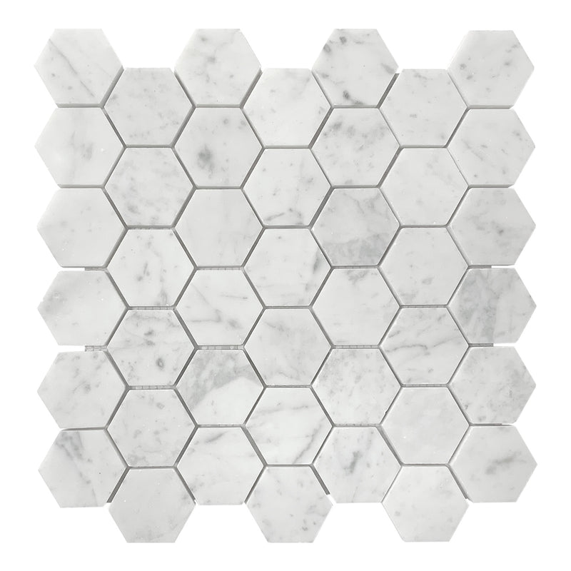 2x2 Italian Carrara Mundo Hexagon Marble Polished Mosaic Final Sale