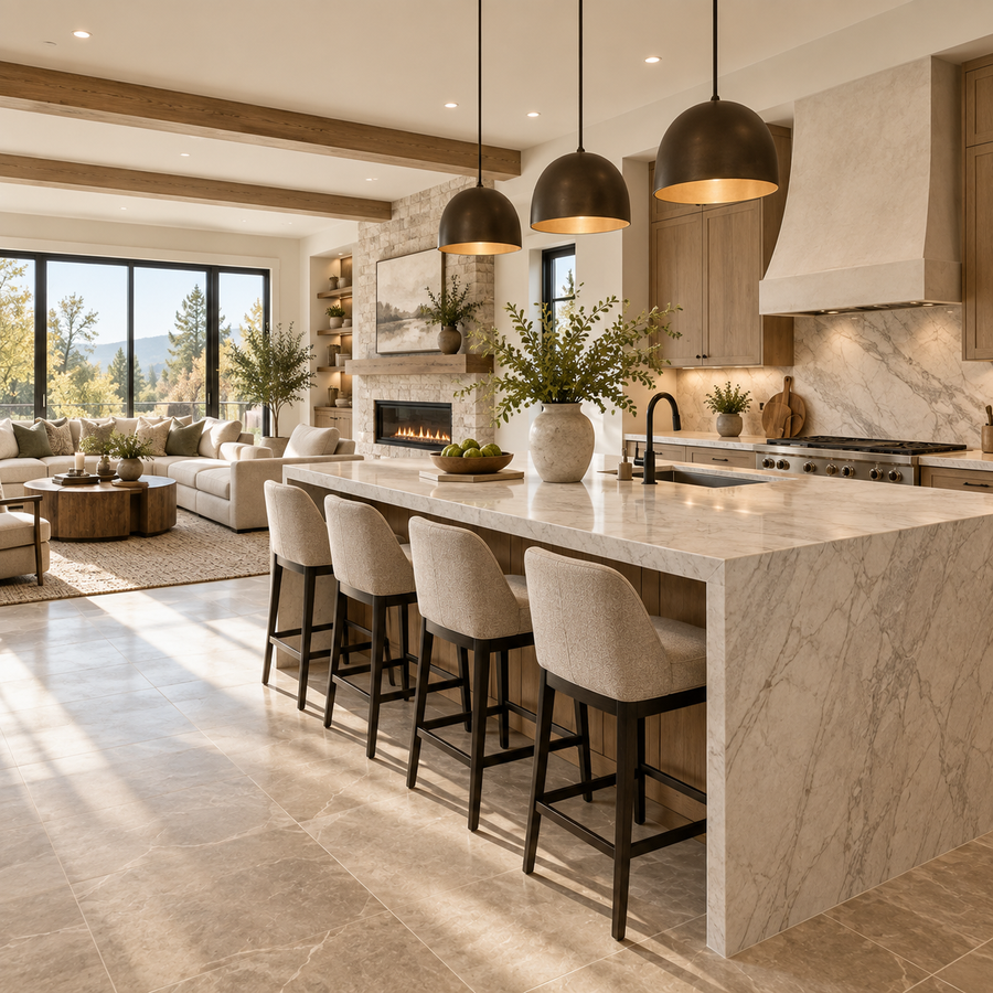 Neutral tile in a King City kitchen and great room