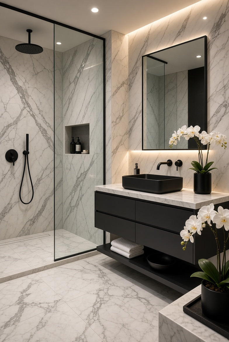 Marble look tile in a Willowdale renovation