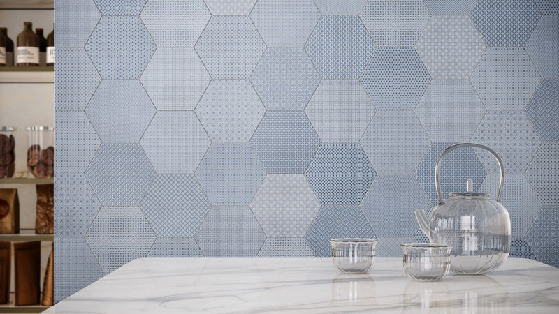 8.5" Drapery Denim Blend Hexagon Matte Pressed Glazed Porcelain Tile