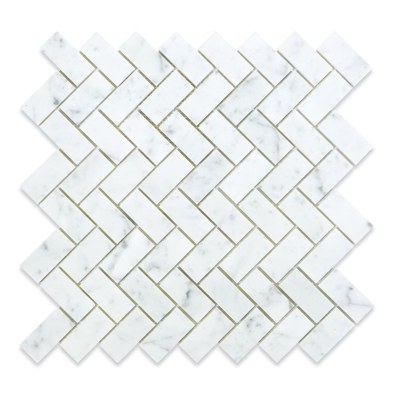 1x2 Italian Bianco Carrara Herringbone Polished Marble Mosaic Final Sale