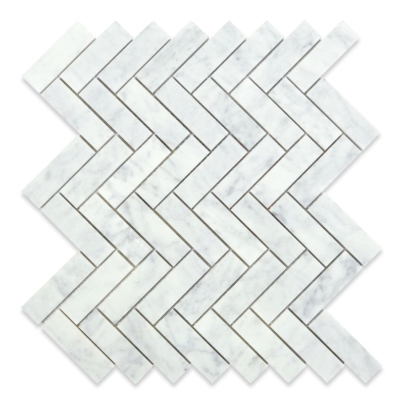 1x3 Italian Bianco Carrara Herringbone Polished Marble Mosaic Final Sale