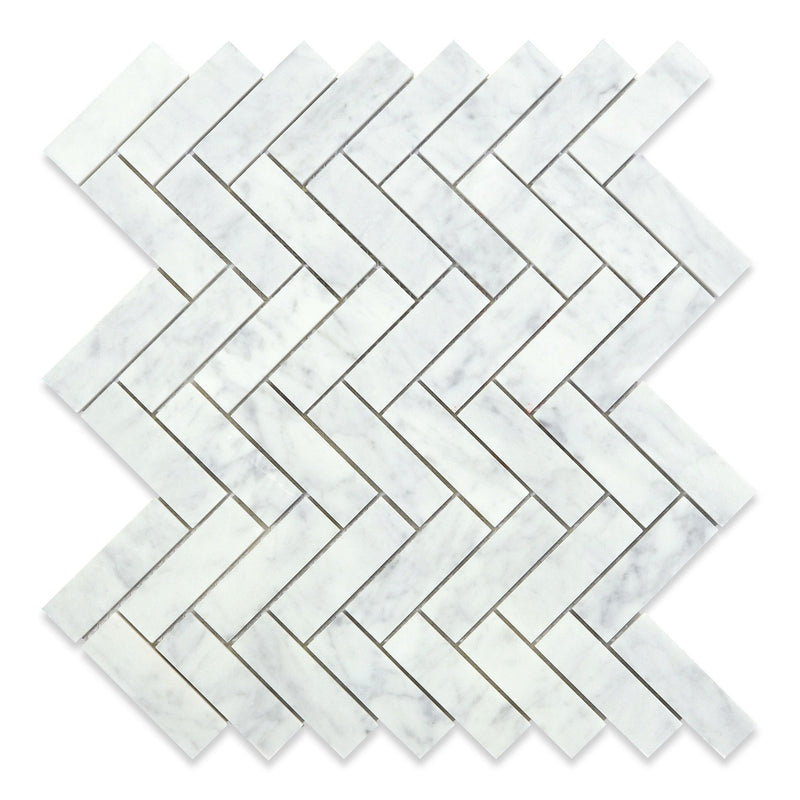 1x3 Italian Bianco Carrara Herringbone Honed Marble Mosaic Final Sale