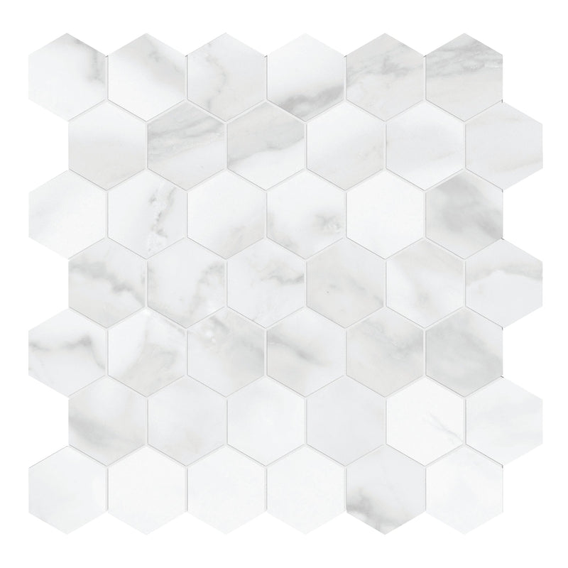2x2 Caskata Statuario Polished Hexagon Rectified Glazed Porcelain Mosaic