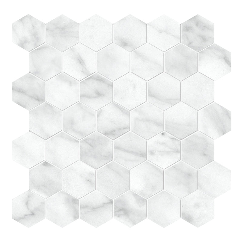 2x2 Caskata Carrara Polished Hexagon Rectified Glazed Porcelain Mosaic