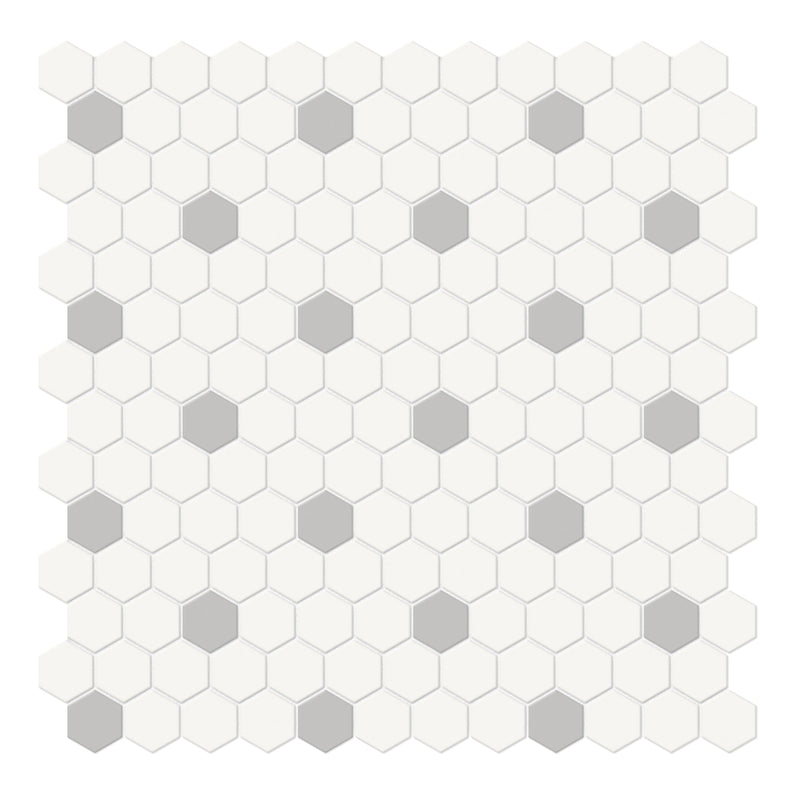 1" Architek Hexagon White w/ Dark Grey Dots Glazed Porcelain Matte Mosaic
