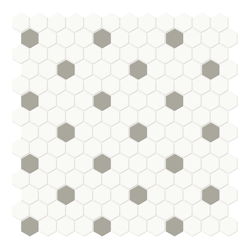 1" Architek Hexagon White w/ Taupe Dots Glazed Porcelain Matte Mosaic