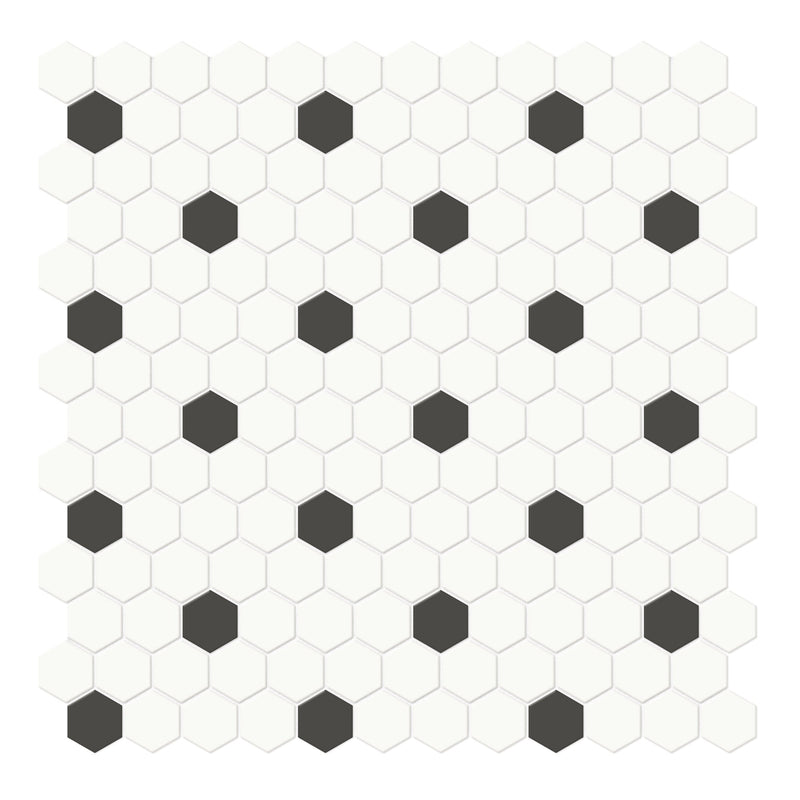 1" Architek Hexagon White w/ Black Dots Glazed Porcelain Matte Mosaic