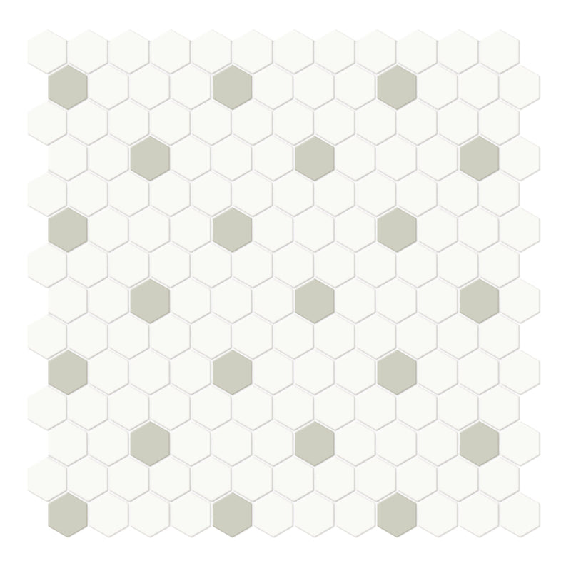 1" Architek Hexagon White w/ Verde Dots Glazed Porcelain Matte Mosaic