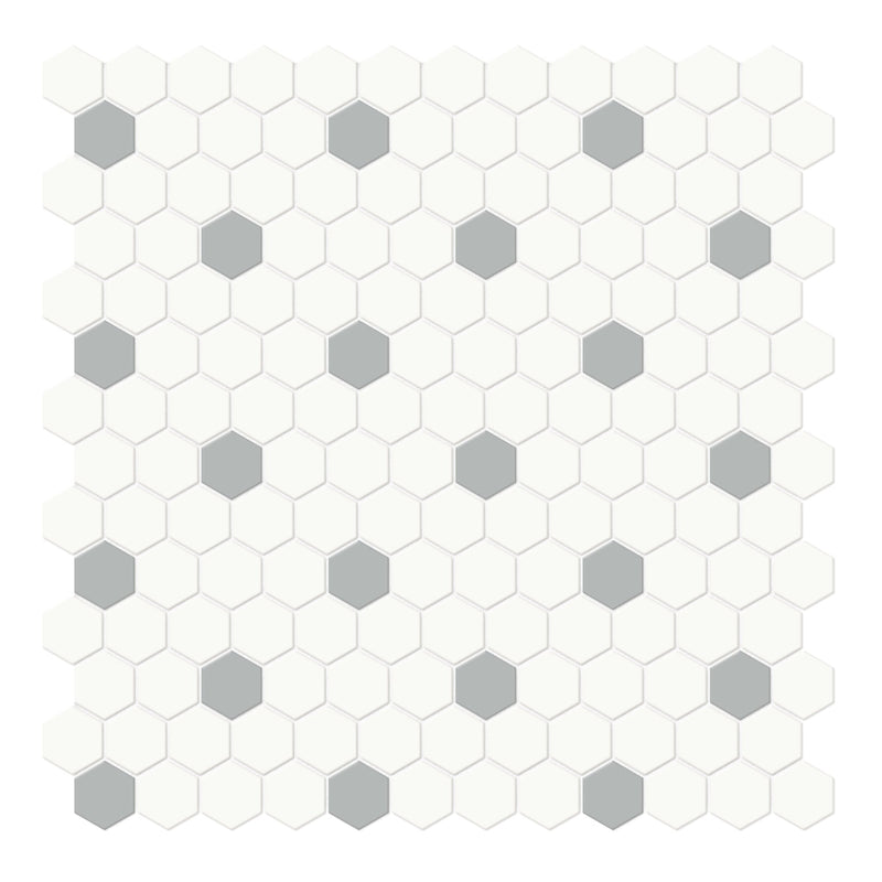 1" Architek Hexagon White w/ De Azul Dots Glazed Porcelain Matte Mosaic