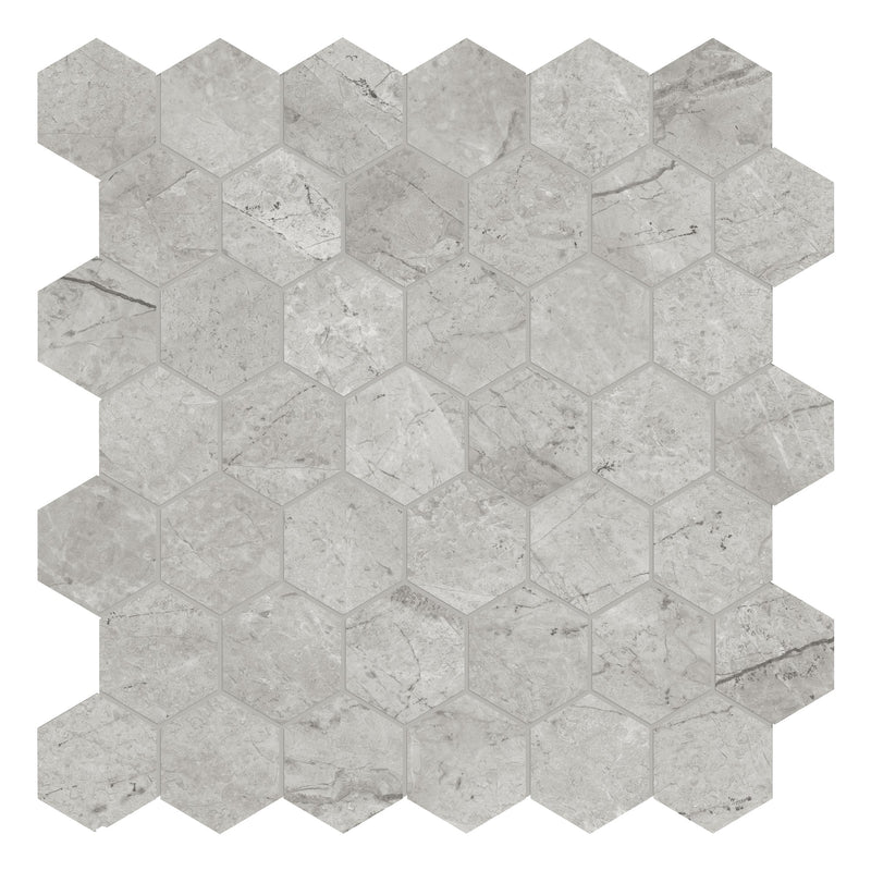 2" Hexagon Antonella Marblito Silver Porcelain Polished Mosaic
