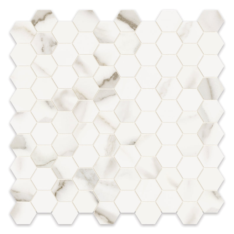 1.25x1.25 Hexagon Chateau Calacatta Porcelain Polished Mosaic
