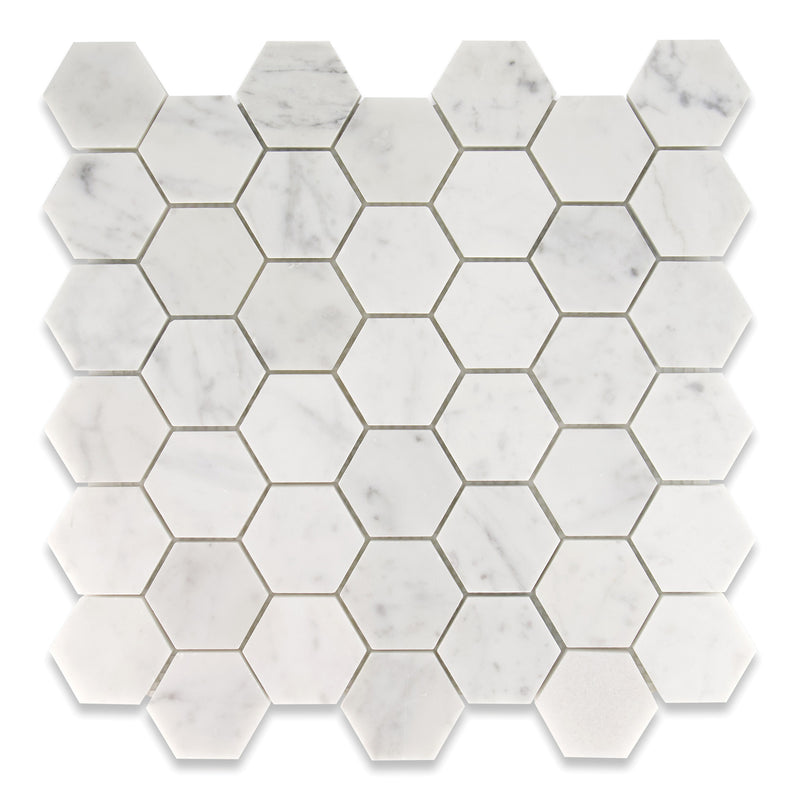 2x2 Italian Carrara Grande Hexagon Marble Polished Mosaic Final Sale