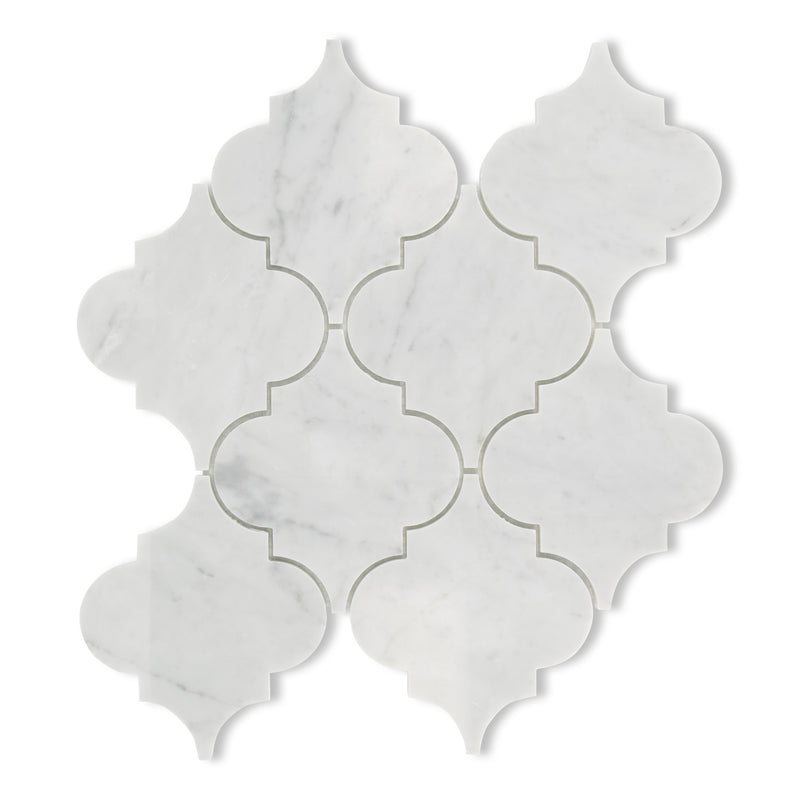 5" Italian Playa del Bianco Arabesque Polished Carrara Marble Mosaic Final Sale