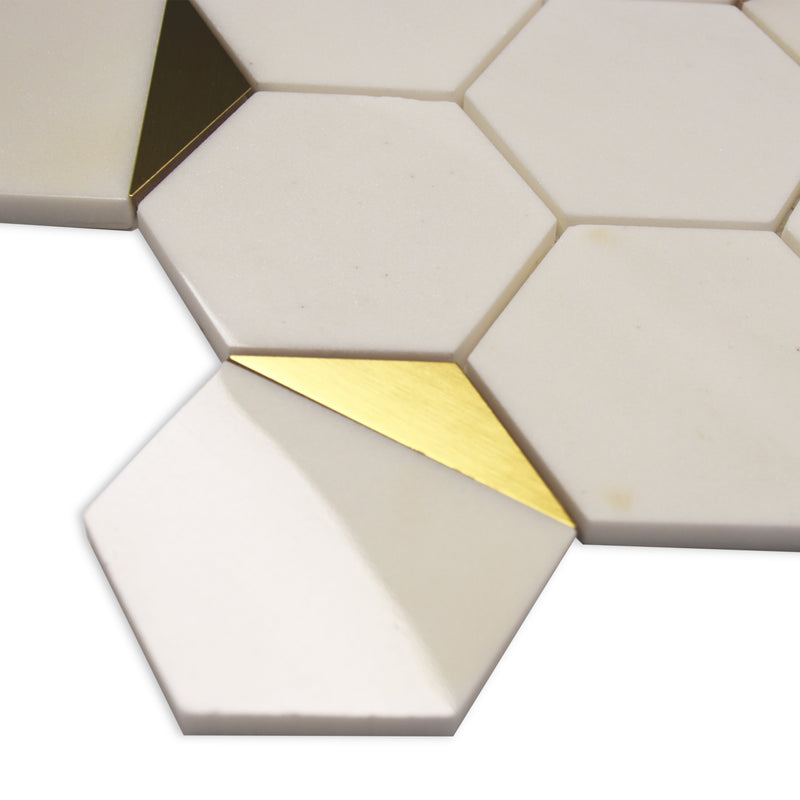 Artisctic Hexagon White Marble w/ Gold Steel Polished Mosaic FINAL SALE