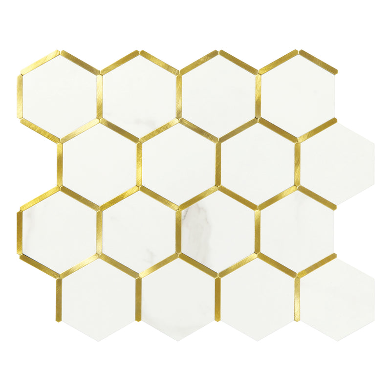3" Hexagon Statuario w/ Gold Frame Aluminum Matte Peel & Stick Mosaic Final Sale