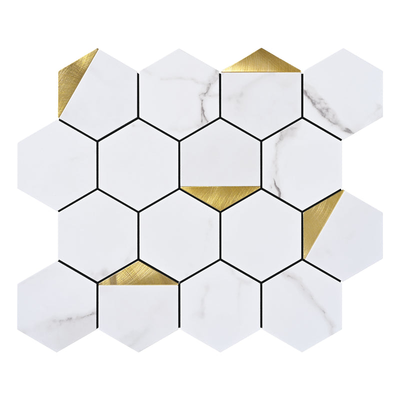 3x3 Hexagon Statuario w/ Gold Accent Aluminum Matte Peel & Stick Mosaic Final Sale