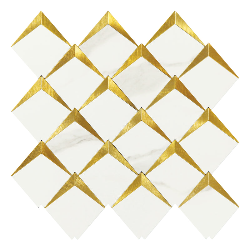 Rhombus White w/ Gold Accent Aluminum Matte Peel & Stick Mosaic Final Sale