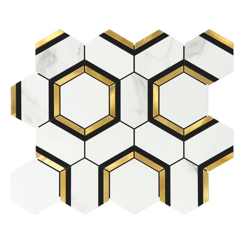 3" Hexagon Statuario w/ Gold & Black Accent Aluminum Matte Peel & Stick Mosaic Final Sale