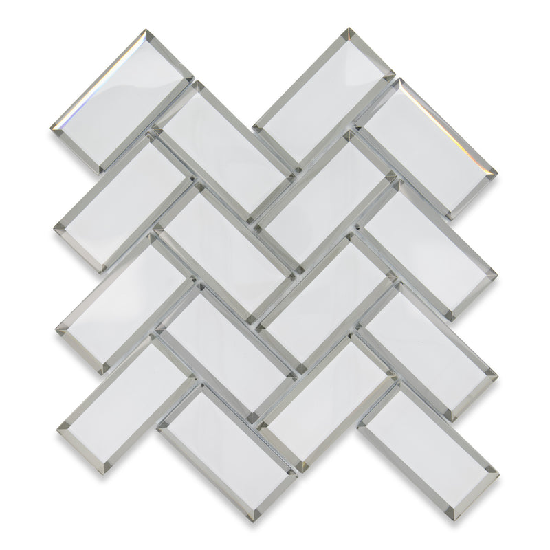 2x4 Riva Herringbone Beveled White Glass Mosaic