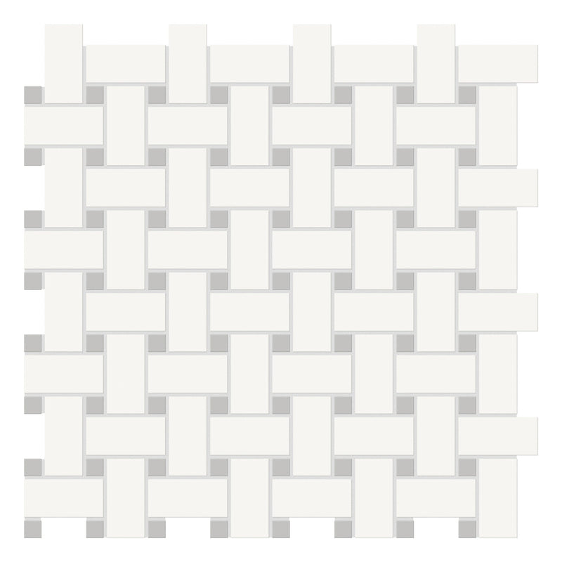 Basketweave Architek White w/ Grey Dots Glazed Porcelain Matte Mosaic