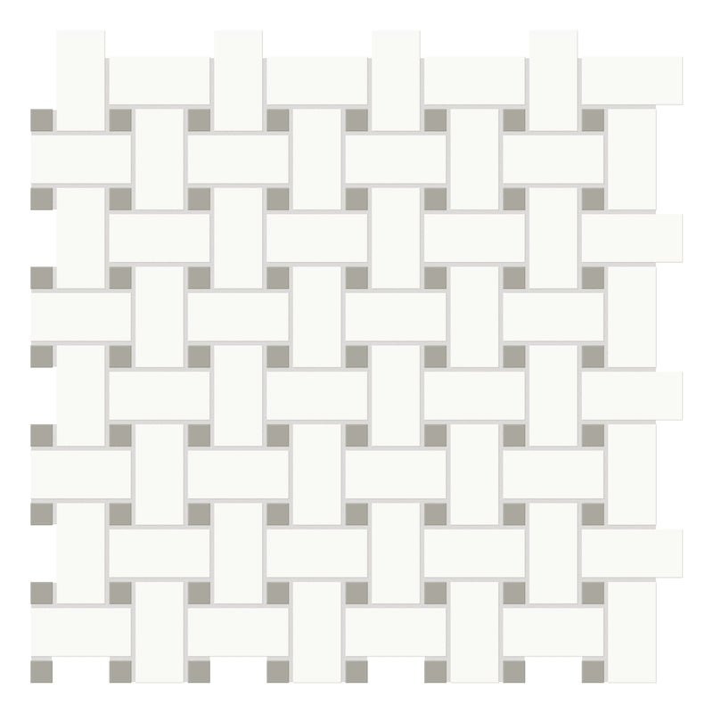 Basketweave Architek White w/ Midtone Grey Dots Glazed Porcelain Matte Mosaic
