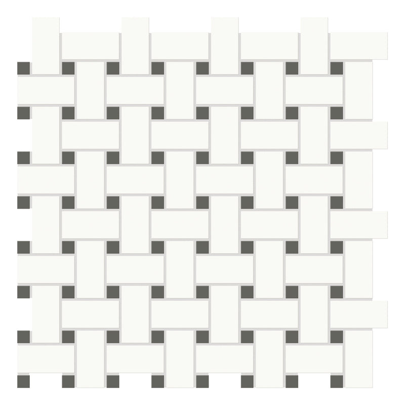 Basketweave Architek White w/ Black Dots Glazed Porcelain Matte Mosaic