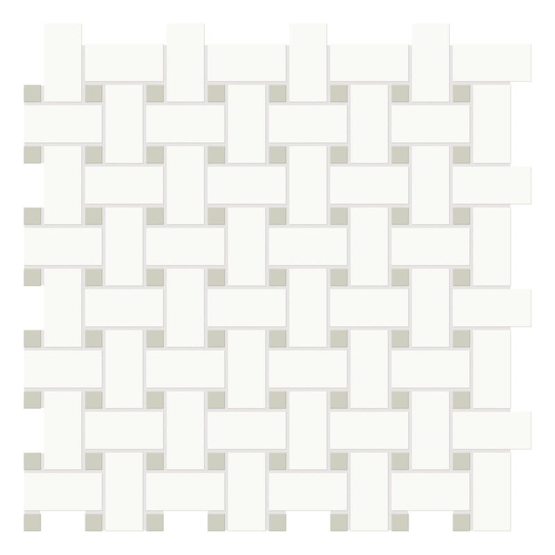 Basketweave Architek White w/ Verde Dots Glazed Porcelain Matte Mosaic