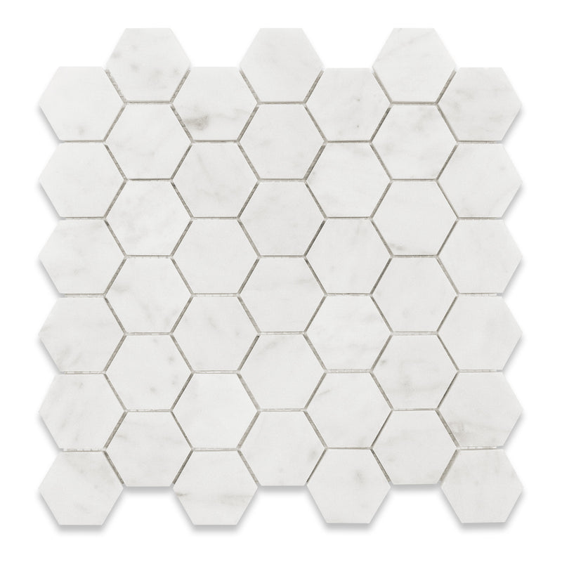 2x2 Italian Bianco Carrara Hexagon Honed Marble Mosaic Final Sale