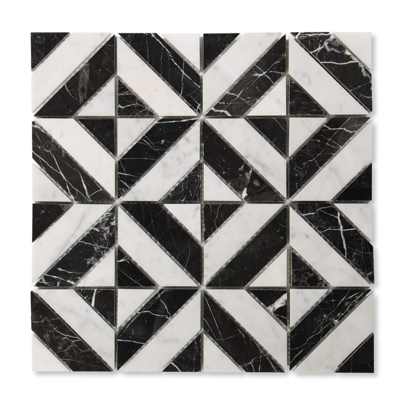 Artistic Striped Square Carrara & Valentina Black 1st Grade Marble Polished Mosaic Final Sale