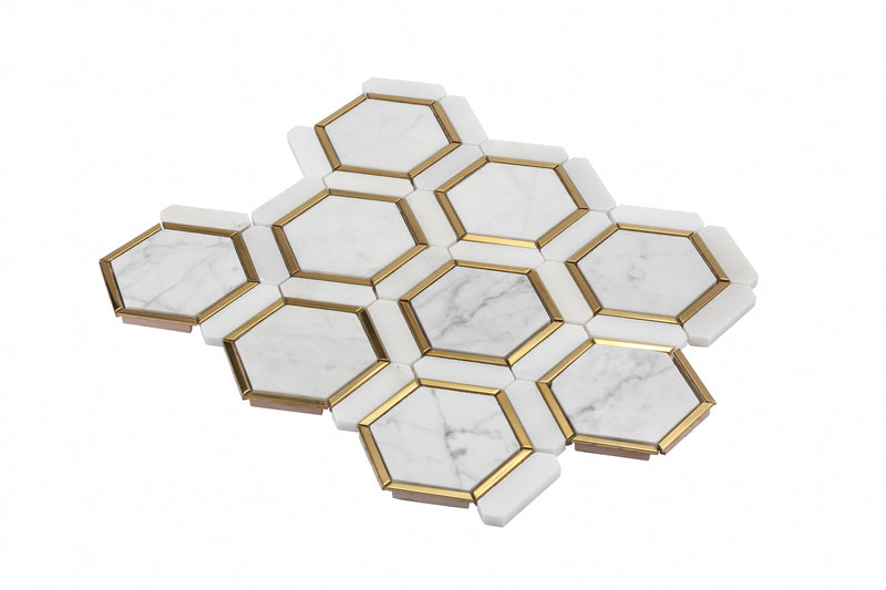 4" Artistic Bianco Hexagon Marble w/ Gold Accent Polished Mosaic Final Sale