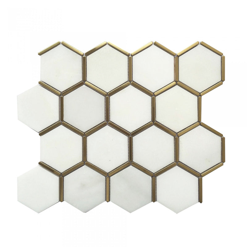 Artisctic Hexagon White Marble w/ Gold Frame Polished Mosaic FINAL SALE