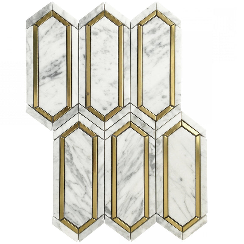 3.25"x7.5" Artistic Bianco Pickett Marble w/ Gold Accent Polished Mosaic Final Sale