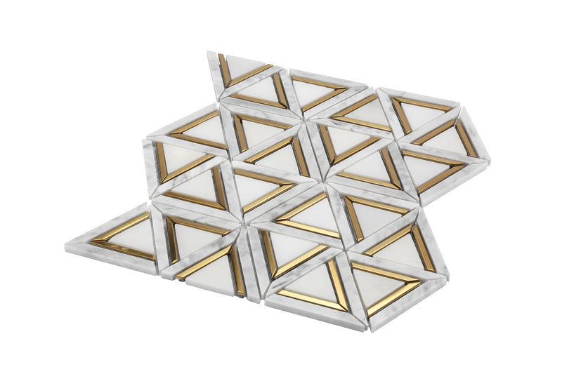 3.5" Artistic Bianco Triangulo Marble w/ Gold Accent Polished Mosaic Final Sale