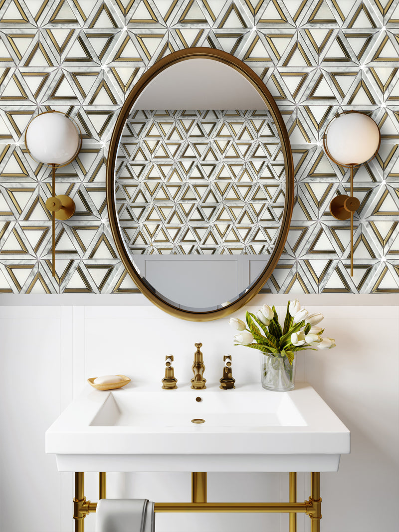 3.5" Artistic Bianco Triangulo Marble w/ Gold Accent Polished Mosaic Final Sale