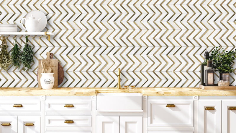 2x4 Artistic Bianco Chevron Marble w/ Gold Accent Polished Mosaic Final Sale