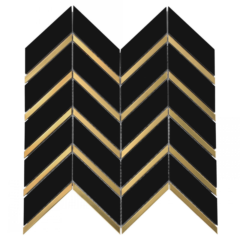2x4 Artistic Valentino Black Chevron Marble w/ Gold Accent Polished Mosaic Final Sale